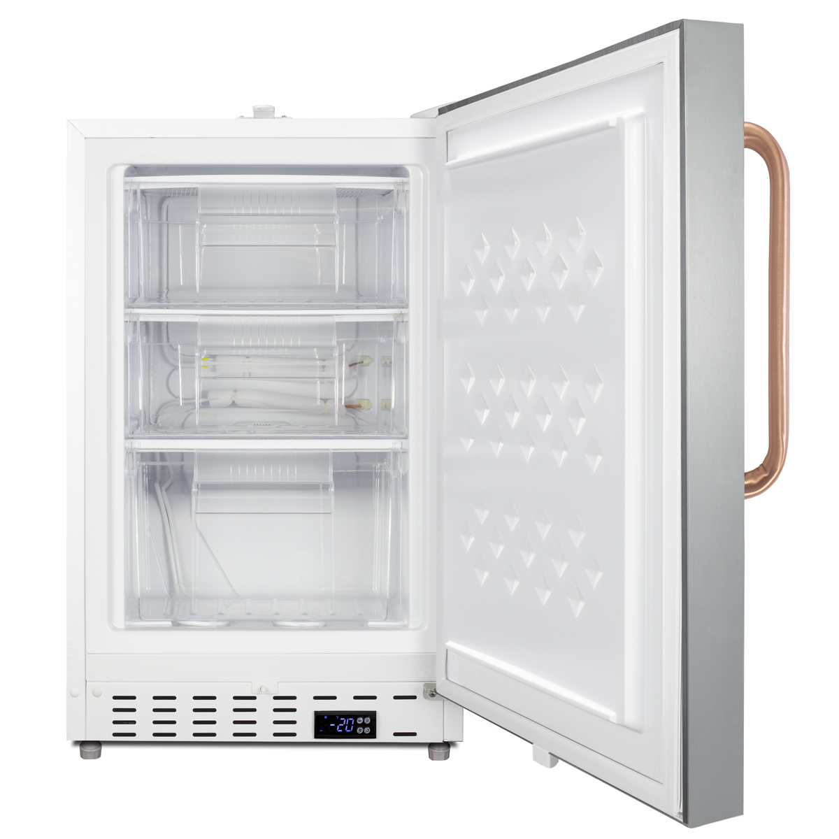 Built-in undercounter -25 C ADA compliant all-freezer in white with a stainless steel door, lock, pure copper towel bar handle, digital controls, interior baskets, hospital cord with 'green dot' plug, factory installed access port, and manual defrost operation